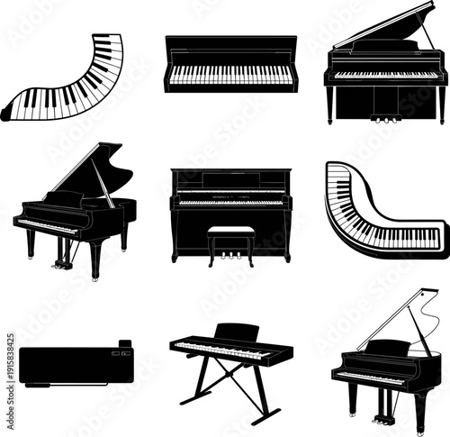 Piano and Keyboard Silhouette Set Collection, Grand Upright and Digital Piano Instruments Black Vector Illustrations Isolated on White Background for Music Design
