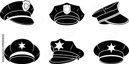 Police hat silhouette icon set featuring law enforcement caps and badges, black and white illustration for security branding, uniform design, emergency services, and authority symbols