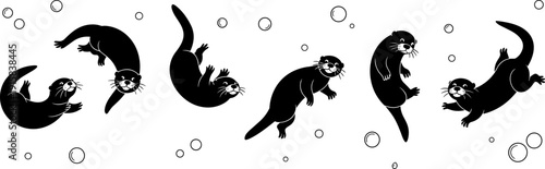 Playful otter silhouettes swimming underwater with bubbles, cute river animal set in different poses, black vector illustration isolated on white background