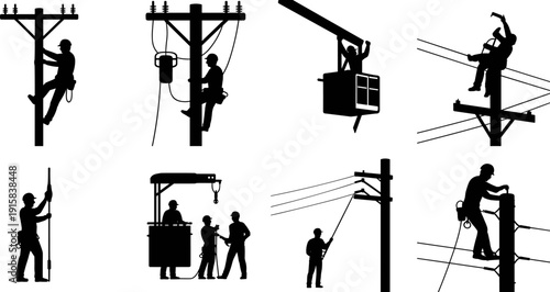 Power line worker silhouette collection performing electrical maintenance on utility poles with bucket lift and safety harness isolated on white background