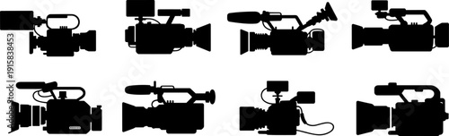 Professional Video Camera Silhouettes Set, Broadcast Camcorder and Cinema Film Equipment Black Isolated Vector Collection for Media Production and Television
