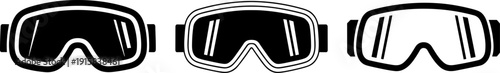 Protective goggles silhouette icon set featuring safety glasses and eyewear designs in black vector style for industrial safety, laboratory use, sports protection, and equipment graphics