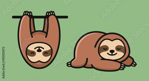 Cartoon Sloth Hanging and Lying Down.