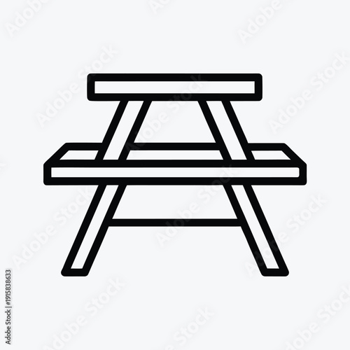Simple Line Art Icon of a Picnic Table with Attached Benches on a White Background