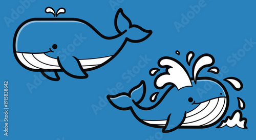 Two Cartoon Whales Swimming in Water.