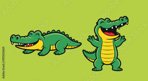 Cartoon Alligators Standing and Swimming Illustration.