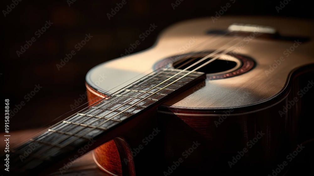 Fototapeta premium Close-Up of Acoustic Guitar with Beautiful Light Reflection