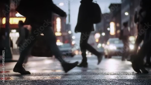 People walking on a wet city street at night, with blurred lights and reflections.