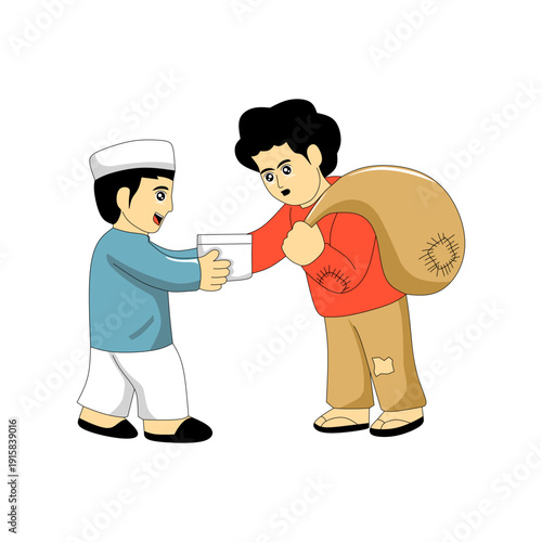 Muslim boy giving food box donation to poor man or beggar.