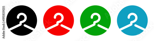 Clothing hanger icon set in round flat style. Minimal vector illustration with wardrobe symbol in black, red, green and blue circles.