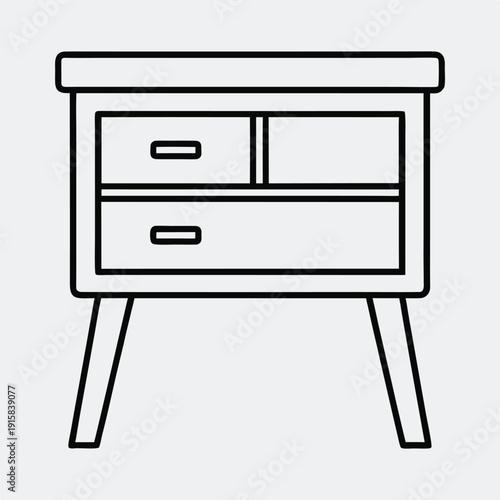 Line art illustration of a bedside table with two drawers and four angled legs