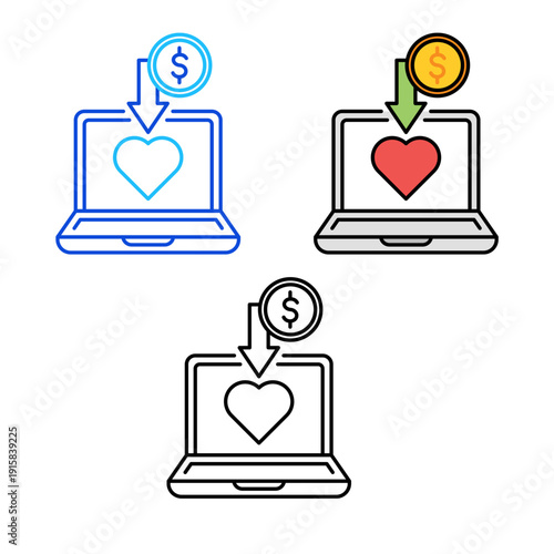 Online donation and digital zakat icon set with laptop, coin, and heart symbol.