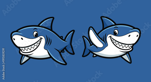 Cartoon Sharks with Happy Facial Expressions.
