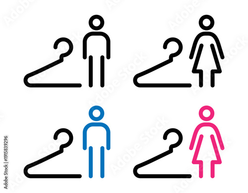 Mens and womens changing room icon. Contour outline vector pictogram in black and colorful style representing wardrobe, cloakroom, dressing area and locker room facilities.
