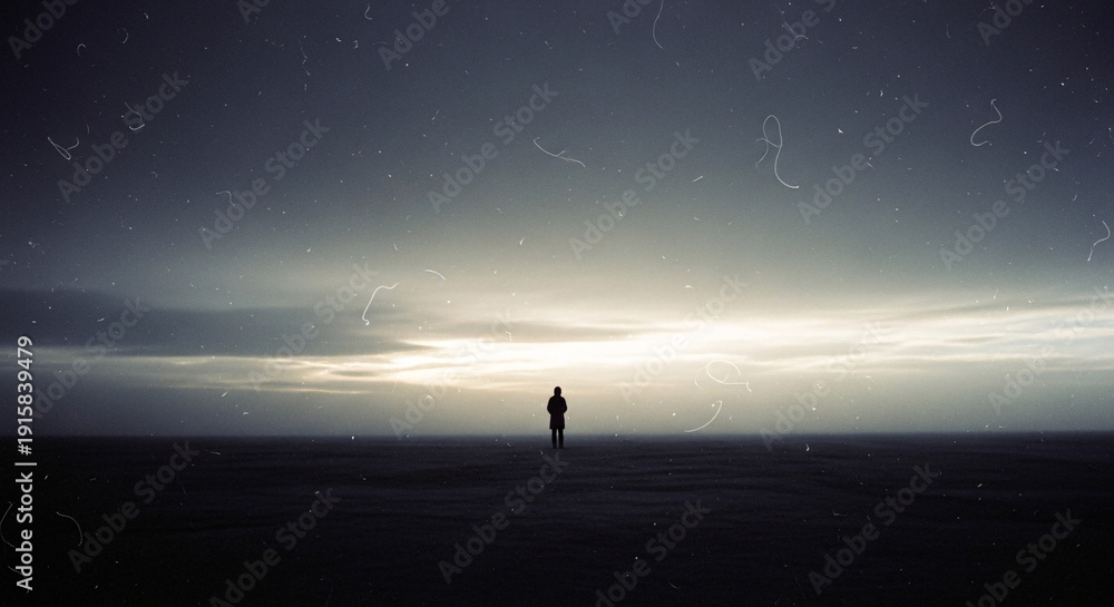 Fototapeta premium Solitary Person Standing on a Desolate Horizon Under an Overcast Sky
