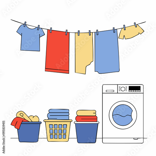Colorful Laundry Day Scene with Clothesline, Baskets, and Washer