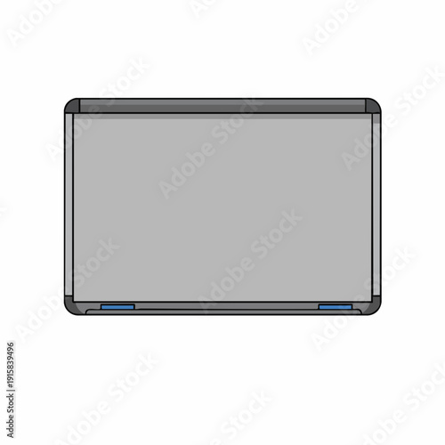 Isolated gray whiteboard with rounded corners and blue marker holders, front view