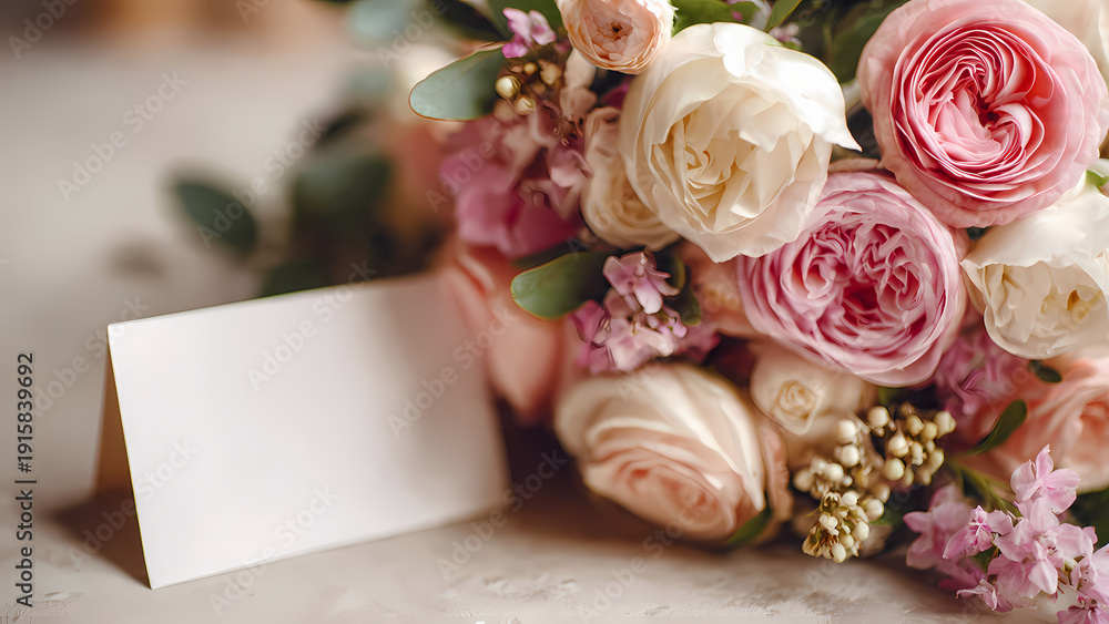 Obraz premium Elegant bouquet of roses with blank card on marble surface