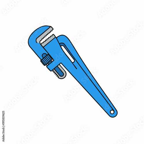 Cartoon-style blue pipe wrench with serrated jaws and adjustable mechanism