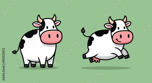 Cartoon Cows Standing and Running Freely.