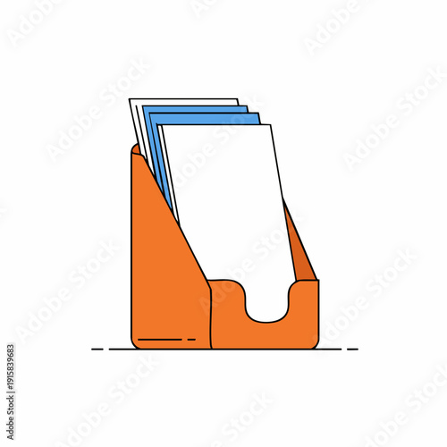 Orange Desk Organizer Holding Stacked Papers with Blue and White Sheets