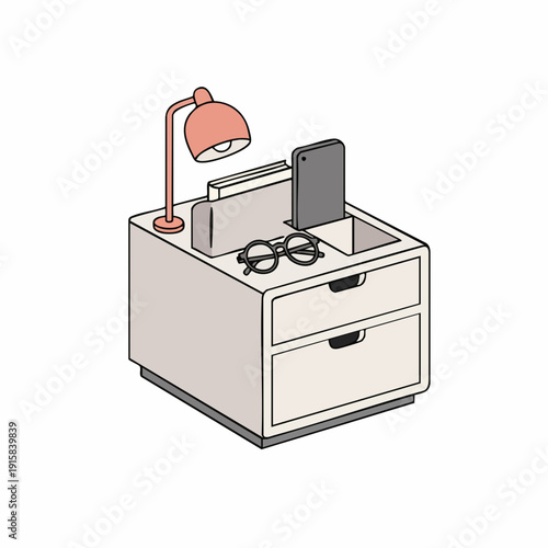 Minimalist Nightstand with Lamp, Eyeglasses, and Smartphone Illustration.
