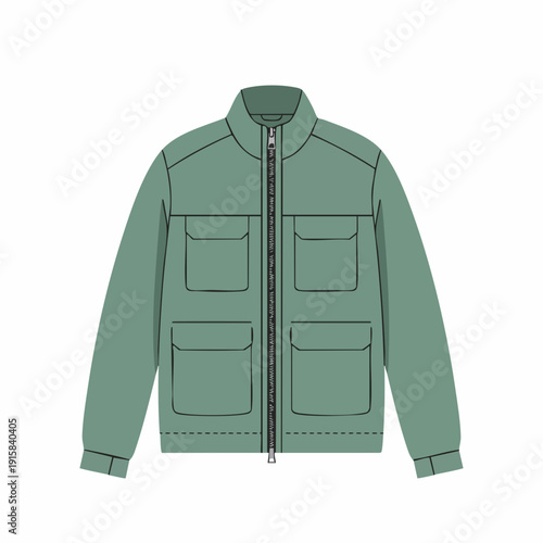 Olive Green Jacket with Four Pockets and Zipper Closure Illustration
