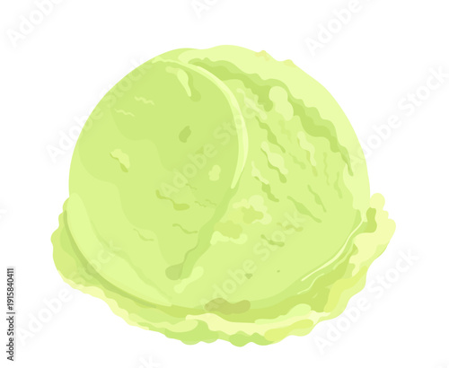 Matcha cartoon ice cream scoop. Sweet cold vector hand drawn summer dessert illustration isolated on white. 