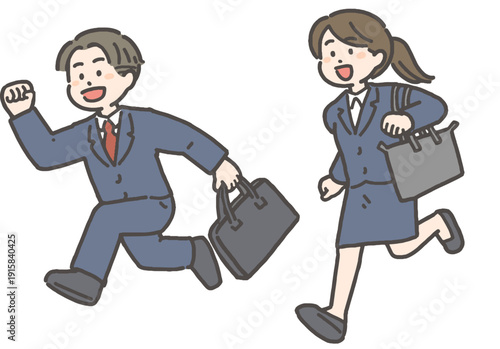 笑顔で走る若手ビジネスマンとビジネスウーマンのセット