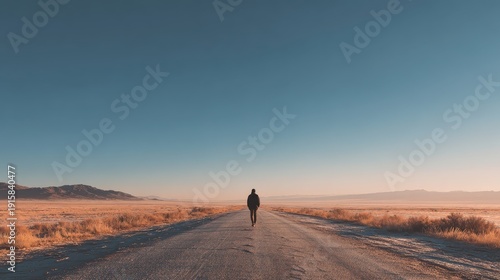 Solitary Figure Walking on Empty Road in Desert Landscape at Dusk