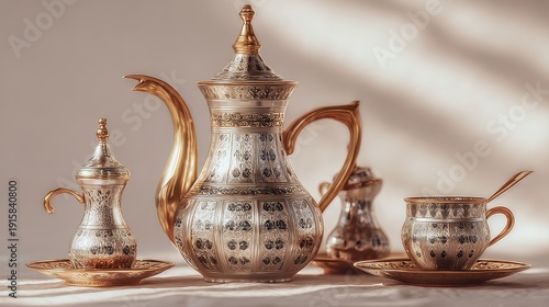 Vintage Moroccan Tea Set with Intricate Gold and Silver Designs