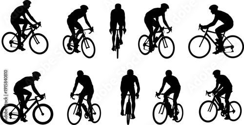 Road Cyclist Silhouettes Collection with Professional Bike Riders in Multiple Riding Positions Isolated on White Background for Sports, Fitness and Active Lifestyle Design