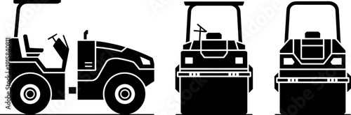 Road roller asphalt compactor silhouettes set in side and front views, black construction machinery vector illustration isolated on white background for engineering design