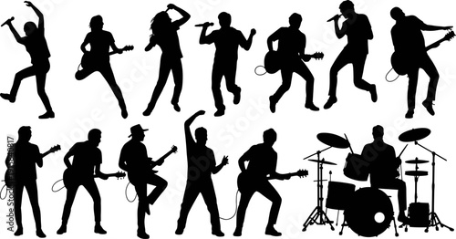 Rock music band silhouette set with singers, guitarists, and drummer performing energetic stage poses, black and white illustration for concert posters, live shows, music festivals, 