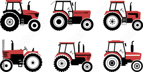 Red Farm Tractor Collection Side View Agricultural Machinery Icons Isolated on White Background for Farming, Harvest and Rural Equipment Design