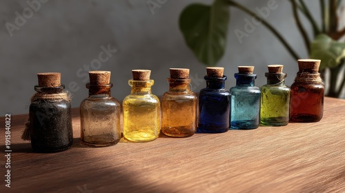 Colorful Glass Bottles with Cork Stoppers on Wooden Surface