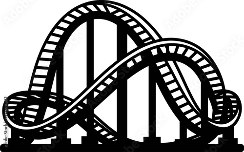 Roller coaster silhouette illustration featuring looping amusement park ride, black vector theme park attraction for thrill entertainment concepts, fun fair posters, travel branding,