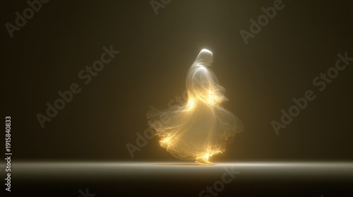 Ethereal Figure in Flowing Fabric Illuminated by Soft Light