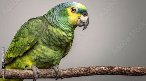 Vibrant Green Parrot Perched on Branch With Soft Neutral Background