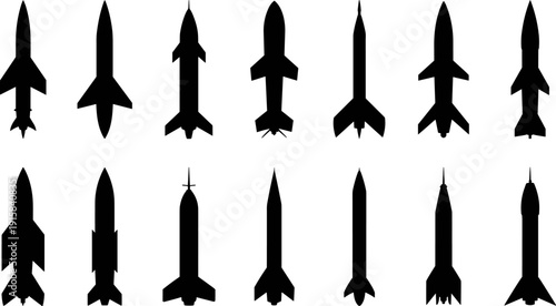 Rocket Silhouette Collection Featuring Spacecraft Missile and Launch Vehicle Icons Isolated on White Background for Aerospace Technology Exploration and Defense Design