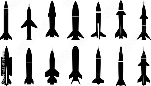 Rocket and Missile Silhouette Set Featuring Space Launch Vehicles and Aerospace Defense Icons Isolated on White Background for Space Technology Design