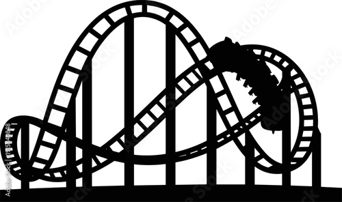 Roller coaster silhouette illustration showing looping amusement park ride with track and supports, black vector theme park attraction for thrill entertainment, tourism posters, 