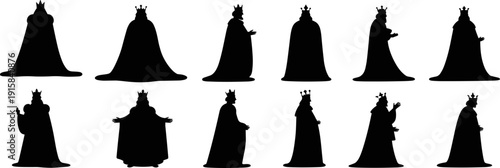 Royal king silhouette collection isolated on white background, medieval crowned monarch figures set in different poses for history, fantasy themes, heritage illustrations and vector design