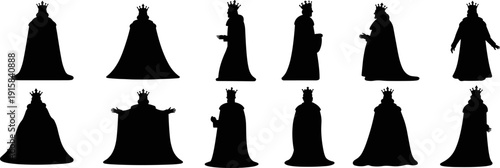 Royal king silhouette icon collection isolated on white background, crowned medieval monarch figures set for history themes, fantasy characters, heritage design and vector illustration