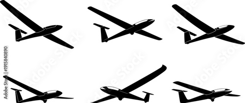 Sailplane glider silhouettes collection in various flight perspectives, black light aircraft vector set isolated on white background, detailed aviation illustration for aeronautical design