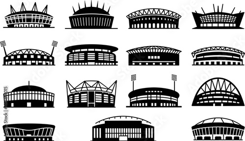 Stadium and arena silhouette icon collection featuring modern sports venues, football grounds, concert arenas, and architectural landmarks in black vector style for branding and design projects