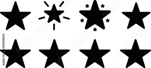 Star icons collection showing rating symbols sparkle effects and favorite shapes in clean black vector silhouette style for review apps badges and interface design