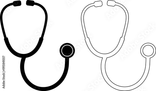 Stethoscope icons set in solid and outline styles representing medical equipment for healthcare diagnosis clinic branding hospital signage and professional vector design projects