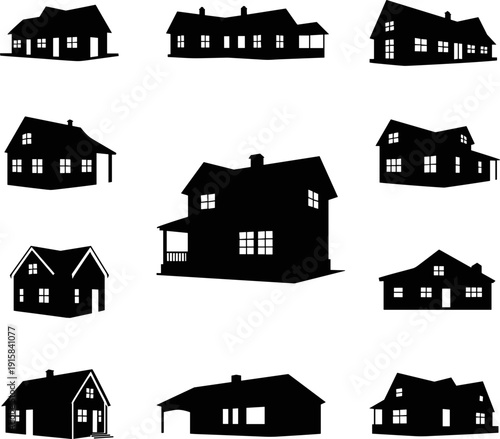 Suburban houses silhouette set, residential home exterior icons collection isolated on white background, modern family cottage architecture vector illustration for real estate design
