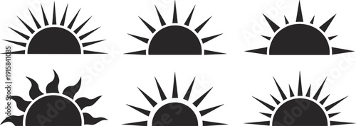 Sunrise and sunset sun icons collection showing solar rays styles in clean black vector silhouette design for weather nature graphics branding interface projects